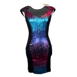 NWT Angel Biba Sequin Stretch Bodycon‎ Mini Dress Multicolor Black Size Small